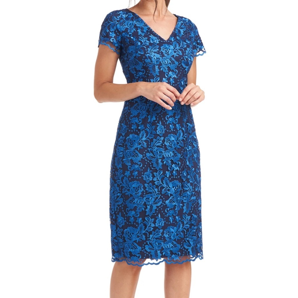 JS Collections Floral Embroidered Mesh Cocktail Sheath Midi Dress Size 4